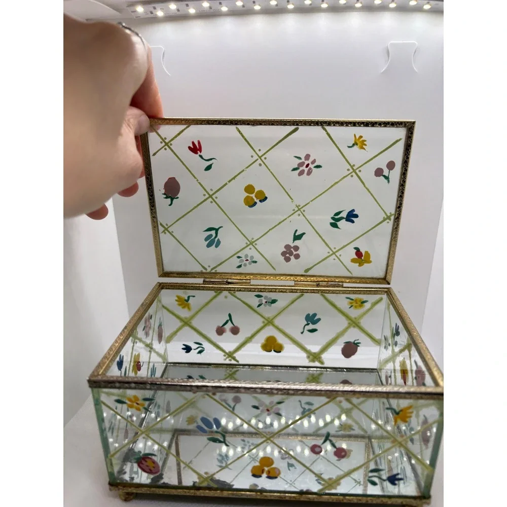 Vintage Hand Painted Glass Jewelry Box Floral Fruit Lattice Brass Trim Mirrored